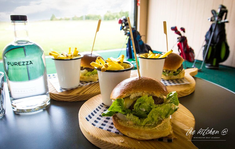 Burgers, fries and Purezza sparkling water from the kitchen @ Winchester Golf Academy