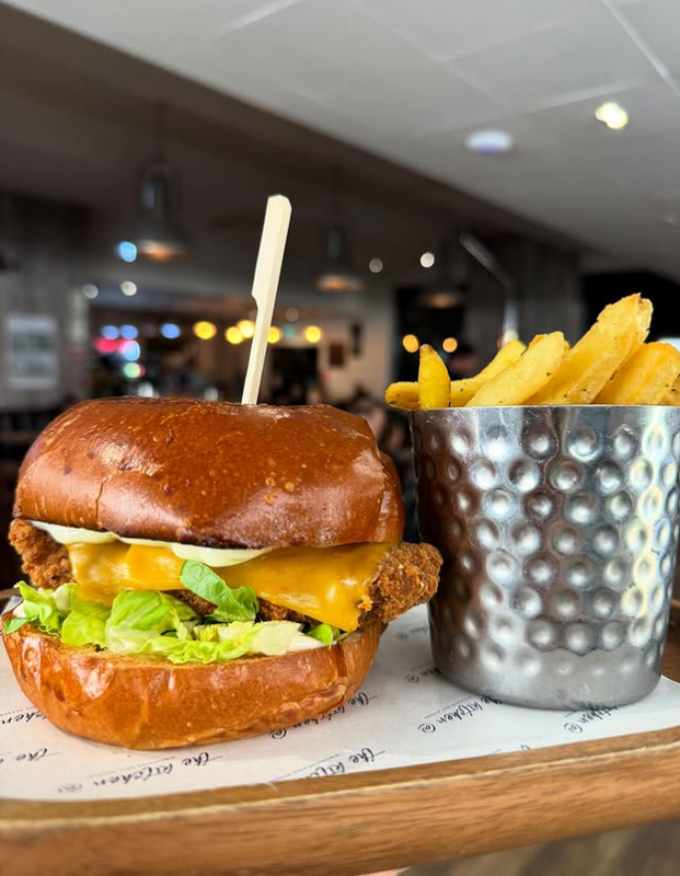 Buttermilk chicken burger and chunky fries from the kitchen